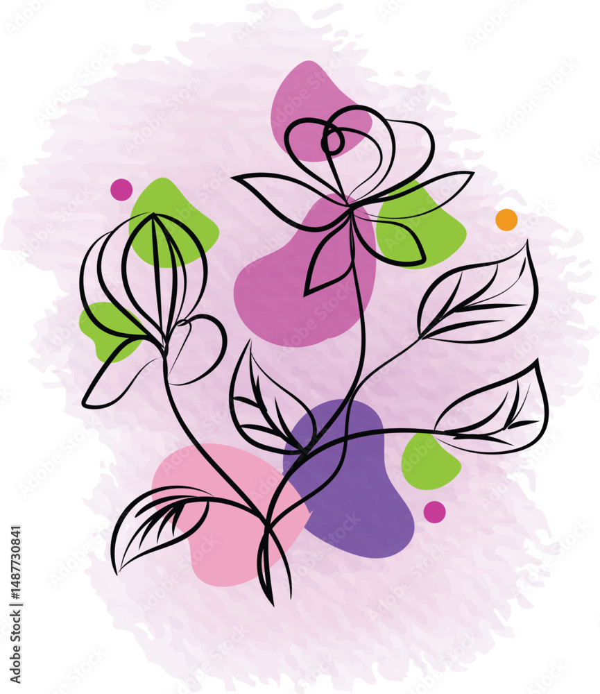 Fototapeta premium Abstract Floral Line Art with Watercolor Background