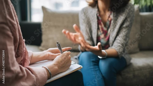 Two women in conversation, therapy session.