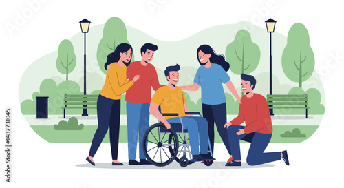 Group of friends supporting man in wheelchair in park setting  
