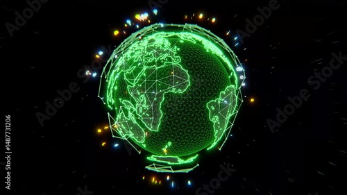 Digital green planet of Earth rotating globe with connecting lines linking different cities. Concepts of global business, information distribution, global grid, data transfer, and worldwide internet.