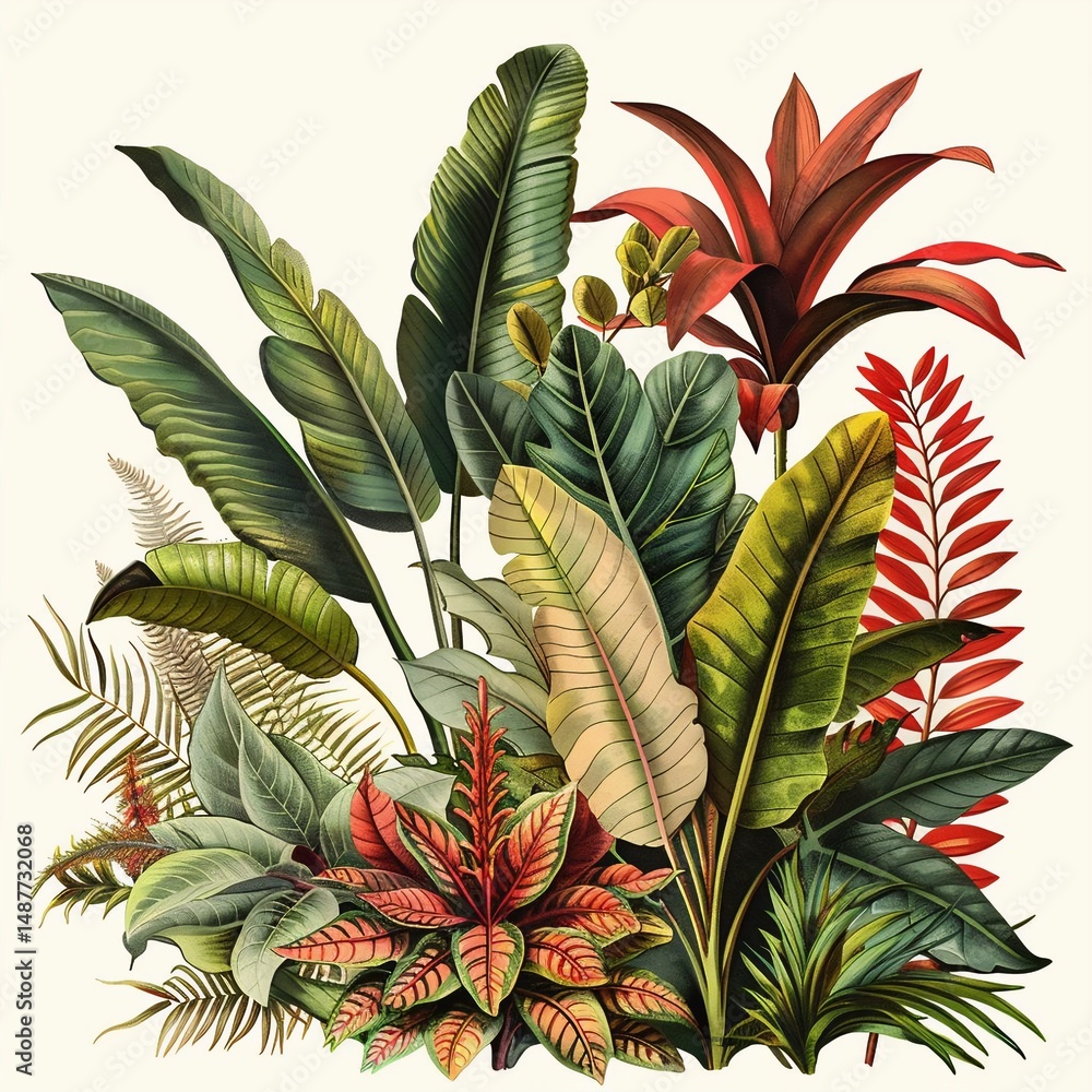 Obraz premium A vibrant botanical illustration poster featuring tropical plants in a simplified style with soft-shaded leaves, reminiscent of Haeckel's work.
