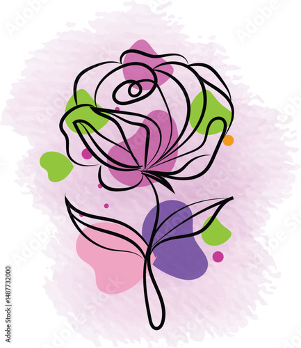 Abstract Line Art Rose with Watercolor Background Design