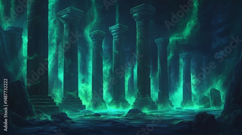 Dark cave interior with glowing green light illuminating columns and rocky floor.