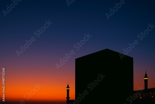 Silhouette of Kaaba at Sunset in Mecca Saudi Arabia. Generative AI