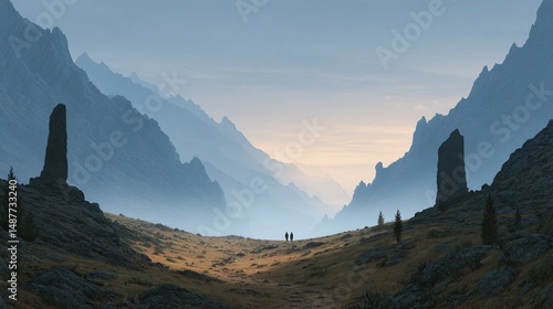 Mountain landscape with valley rocks and a light sky creating a tranquil scene.