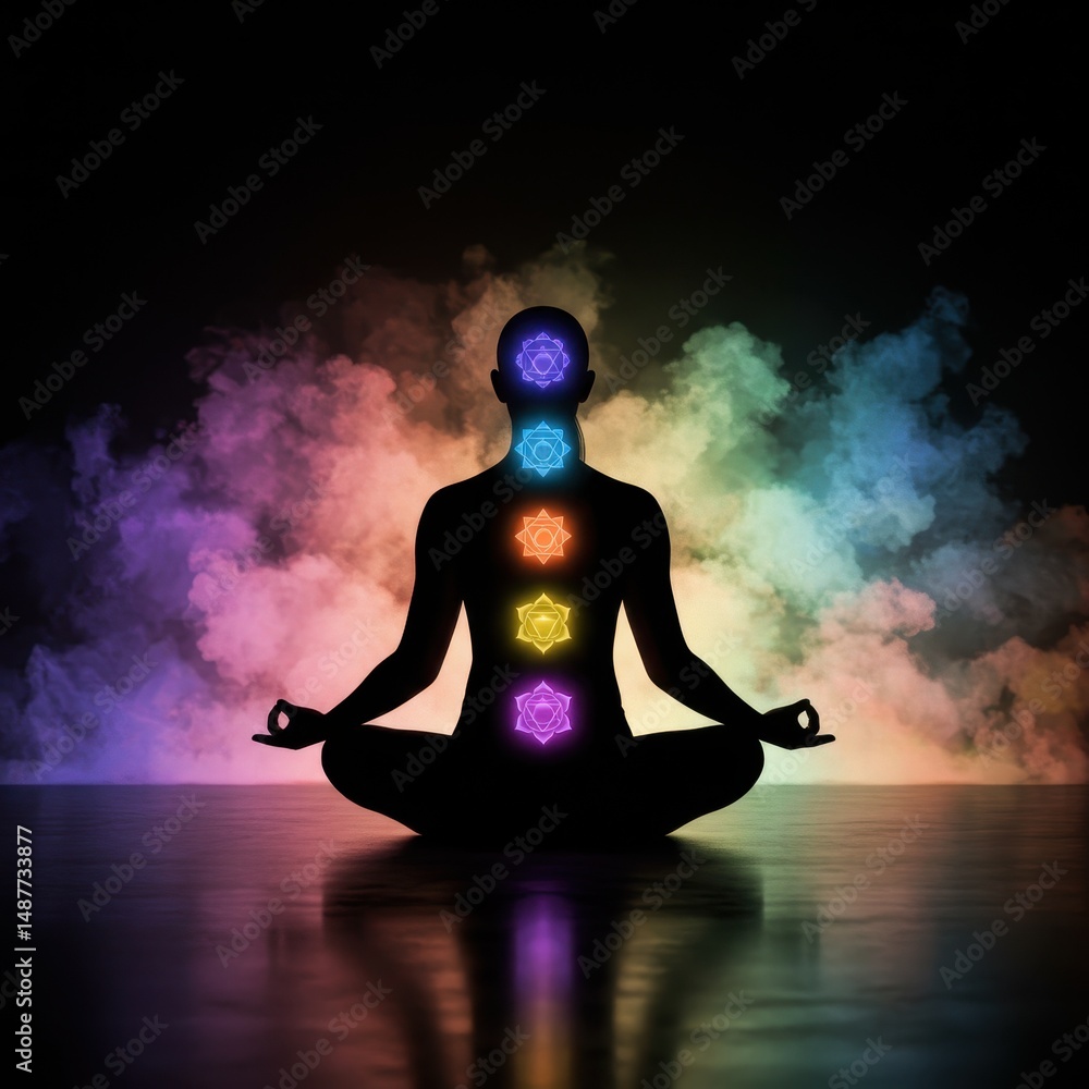 Silhouette of Person Meditating with Illuminated Chakras and Colorful Smoke; Chakra Meditation, Spiritual Wellness, Energy Healing, Yoga, Mindfulness Silhouette of Person Meditating with Illuminated Chakras and Colorful Smoke; Chakra Meditation, Spiritual Wellness, Energy Healing, Yoga, Mindfulness