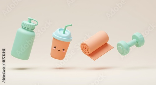 Pastel Fitness Essentials: 3D Rendered Still Life