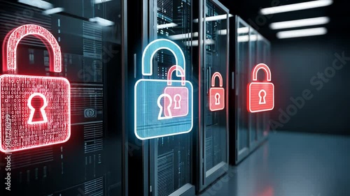 Digital security concept featuring illuminated padlocks in a server room with data servers