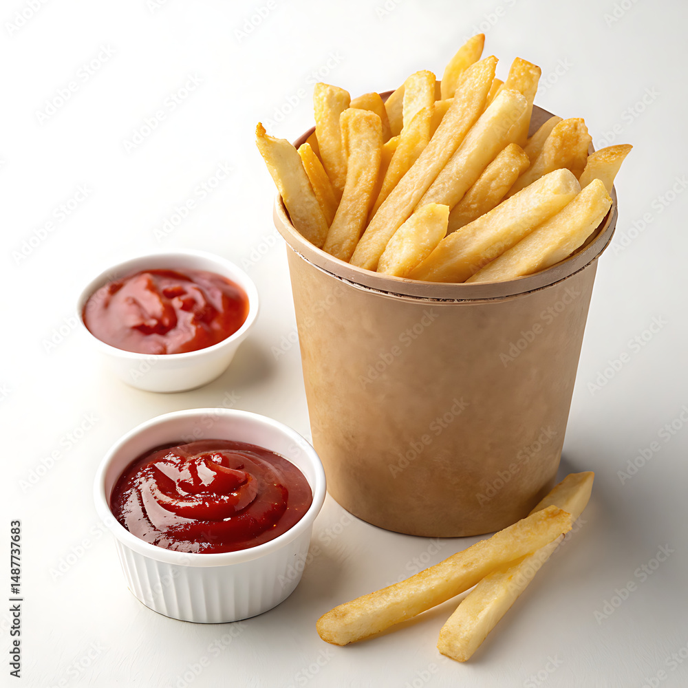 Freshly french fries in a paper box with ketchup - AI Generated. Freshly french fries in a paper box with ketchup - AI Generated.