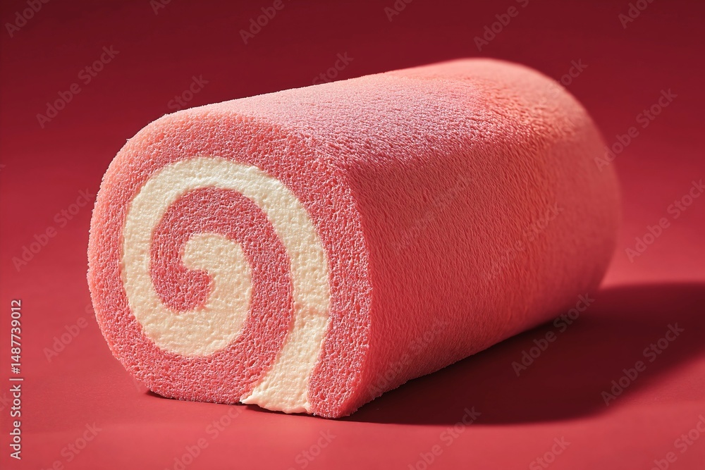 Obraz premium Pink swiss roll cake with white cream filling displayed on red background showing perfect spiral swirl texture in clean minimalist food photography style for dessert concept.