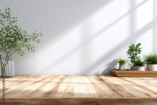 Serene Wooden Tabletop with Greenery and Sunlight