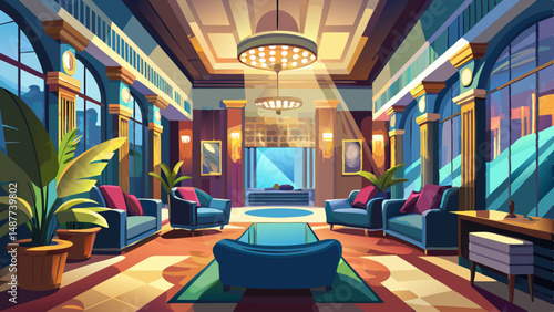 Blurred boutique hotel lobby with velvet sofas, large windows, and art deco accents
