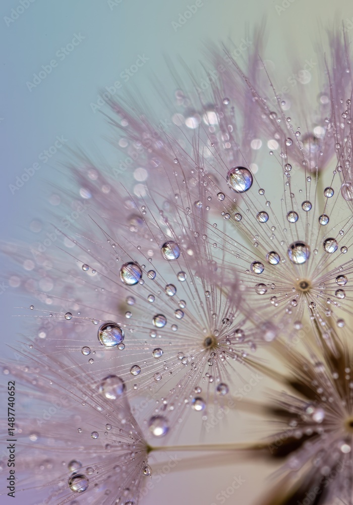 Naklejka premium Dandelion Seed Head with Water Droplets - Abstract Floral Macro Photography for Botanical Art, Backgrounds, and Wellness Imagery