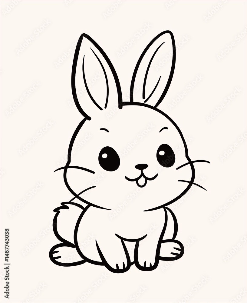 A cute bunny with a friendly smile sits upright, looking directly at the viewer in a simple, black and white line drawing. A cute bunny with a friendly smile sits upright, looking directly at the viewer in a simple, black and white line drawing.