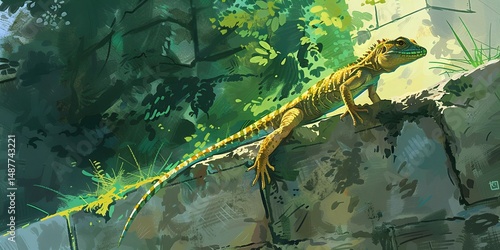 A vibrant lizard, adorned with yellow and orange, sits tranquilly on a moss-covered rock, its long tail extended, amidst a lush forest with dappled sunlight.
