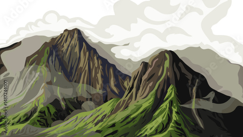 Mountain landscape with mountains and clouds, mountains in the mountains, mountain landscape with mountains