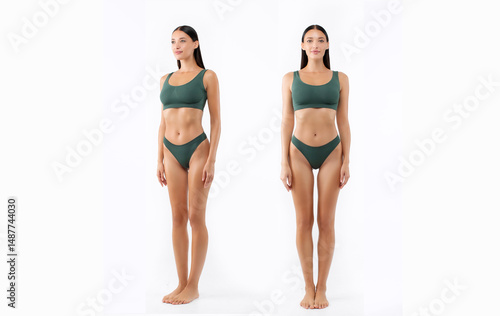 Φωτογραφία Full length shot of front and half turned view of slim lady in green underwear p