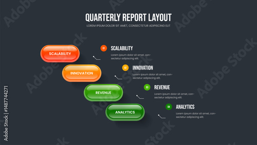 Market Performance 4 Step Diagram Presentation Layout. Advertising Introduction Slideshow Design Vector Illustration. Sales Report Four Element Infographic Slide Template.