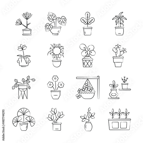 Creatively designed hand drawn icons depicting indoor and outdoor houseplants