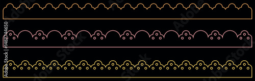 Cute outline scalloped Decorative Border set or frills. Vector illustration isolated on black background.