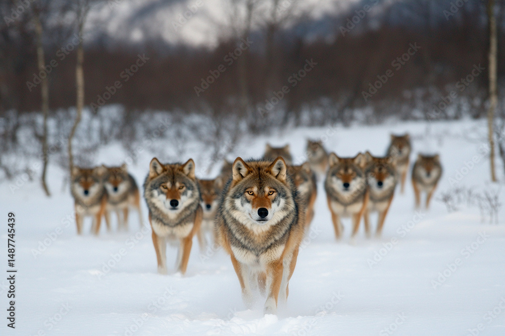 Naklejka premium Pack of wolves traverses snowy landscape in search of food during winter