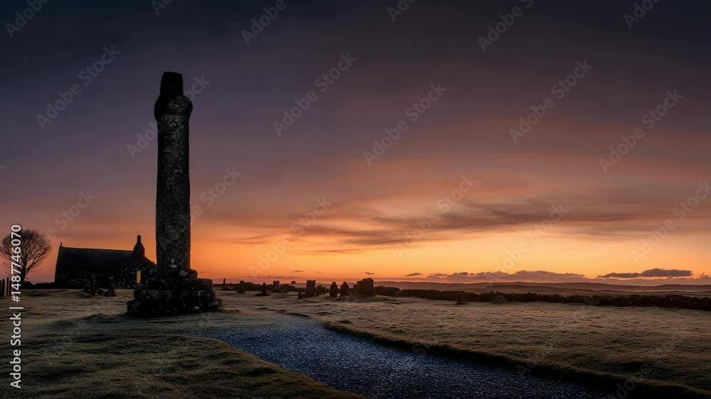 Ancient stone cross and rural chapel in a quiet cemetery field during colorful twilight dawn sky Ancient stone cross and rural chapel in a quiet cemetery field during colorful twilight dawn sky