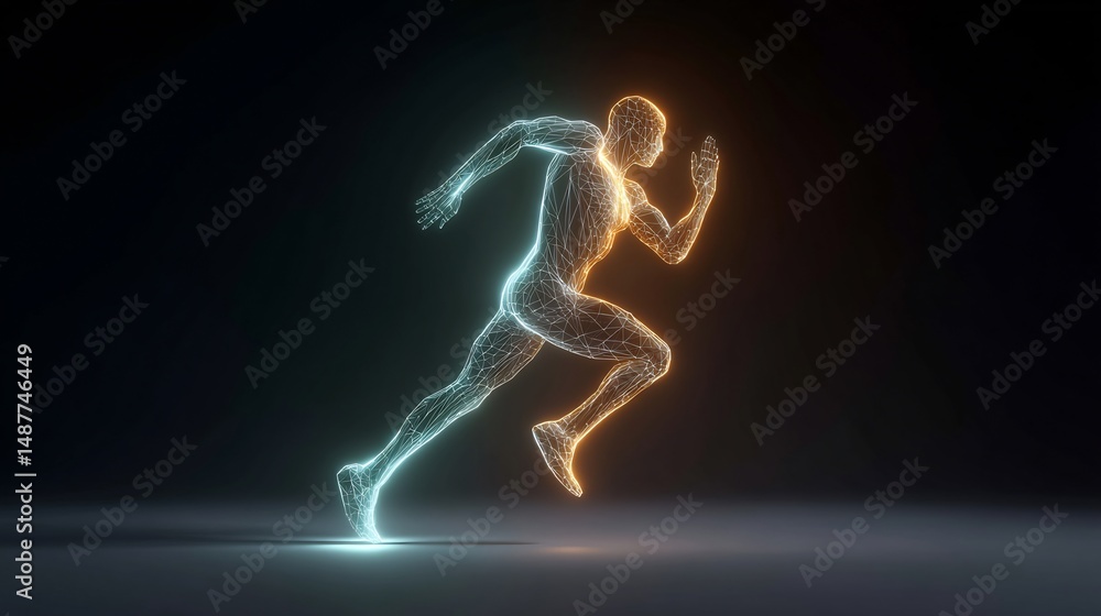 Abstract wireframe rendering of a running human figure glowing in the dark Abstract wireframe rendering of a running human figure glowing in the dark
