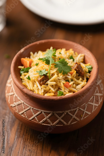 Traditional biryani served in a clay bowl with fresh herbs and vegetables on a wooden table