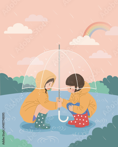 Illustration on a rainy day with two girls wearing yellow raincoats and holding umbrellas together