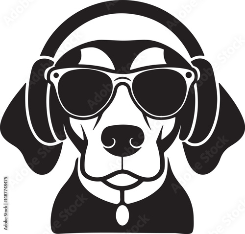 beagle with headphones and sunglass silhouette, black and white silhouette, vector and illustration