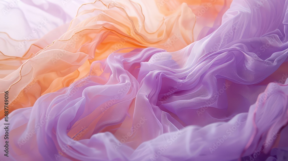 Fototapeta premium Abstract view of flowing fabric with orange and purple hues creating a soft and dreamy atmosphere