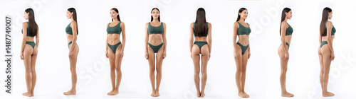 Tableau sur toile Set of various angles of young woman wearing green lingerie, posing against whit