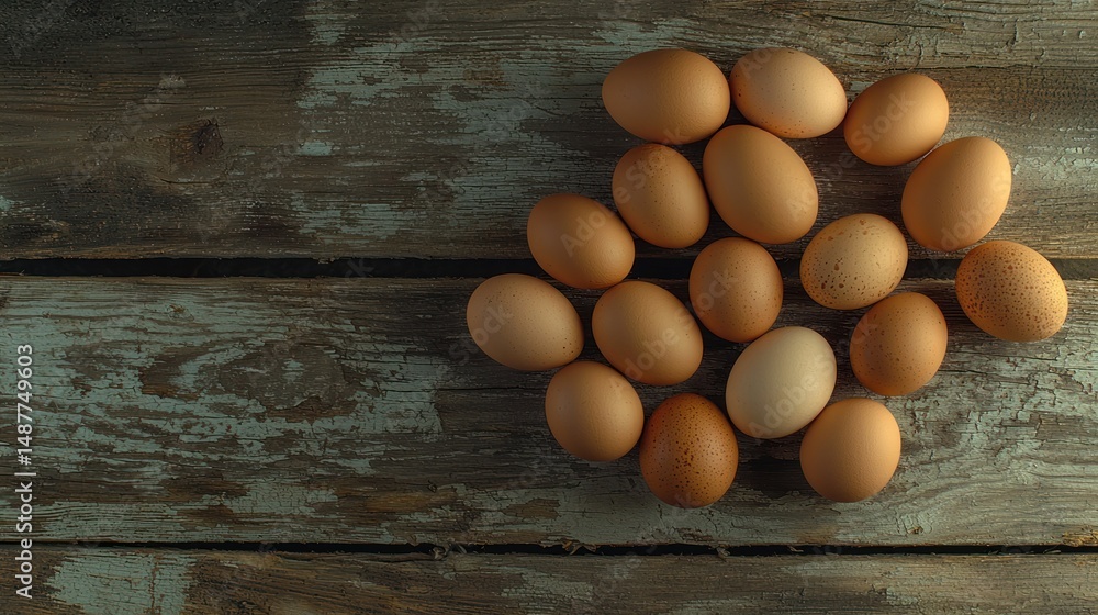 Cluster of brown and beige eggs on wooden surface Cluster of brown and beige eggs on wooden surface