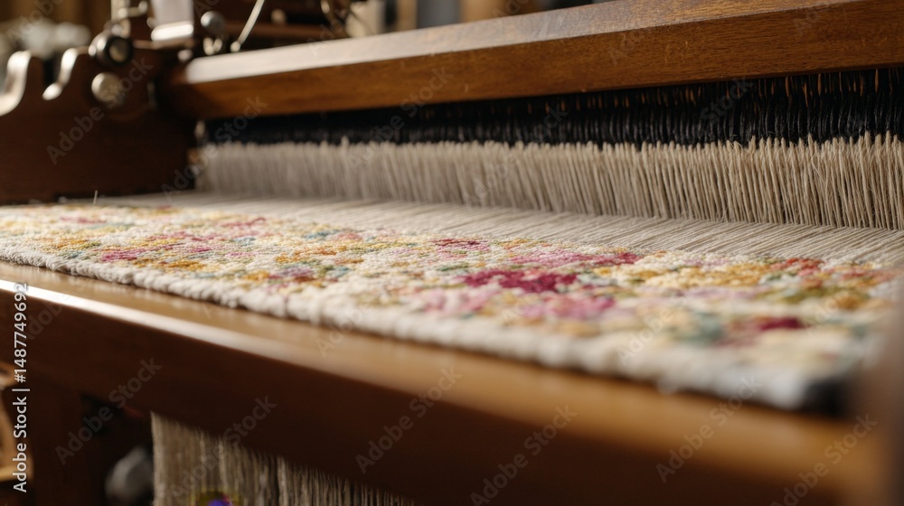 Crafting Beauty: Close-up of Handwoven Tapestry on Wooden Loom Crafting Beauty: Close-up of Handwoven Tapestry on Wooden Loom