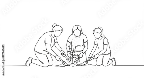 People Planting Seedling Together Line Art Illustration