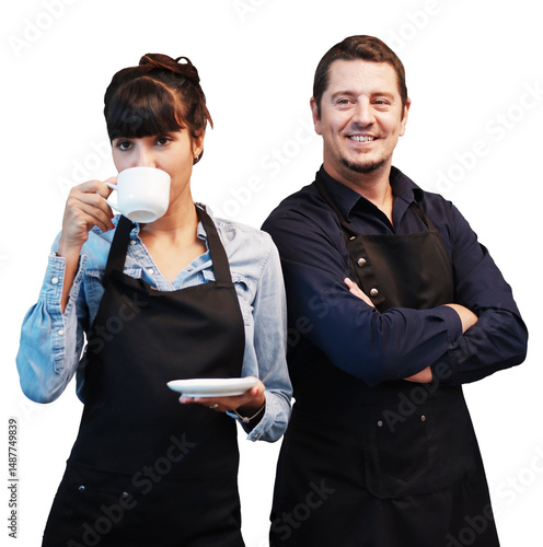 Caucasian Young barista couple love is wearing apron and working in the coffee shop. Woman is drinking hot coffee with her husband for start up small cafe business 