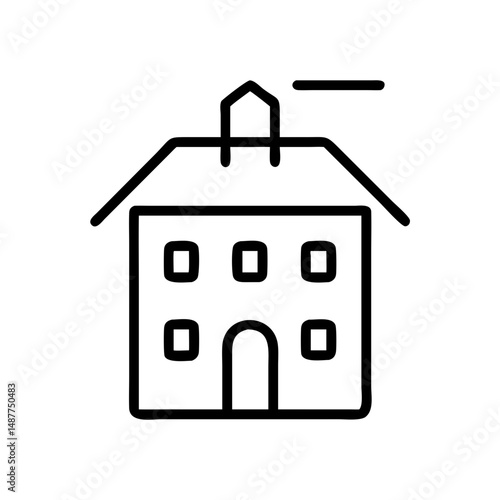 Simple line drawing of a hostel building with windows and door  