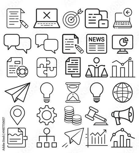 Collection of Outline Business and Productivity Icons for Web Presentations Reports and Applications
