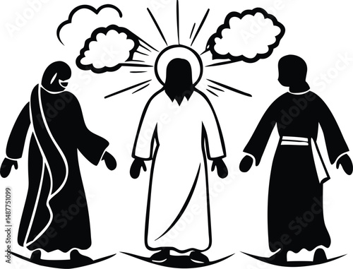 Transfiguration of the Lord Jesus, Mission in radiance, Elijah and Moses side by side, black outline