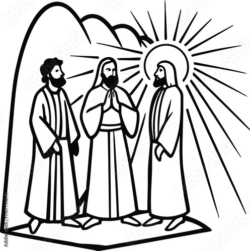 Transfiguration of the Lord Jesus, Mission in radiance, Elijah and Moses side by side, black outline 
