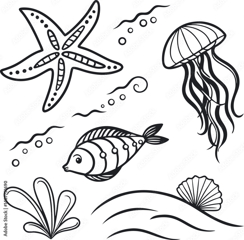 Naklejka premium This vector cartoon illustration set features a seamless pattern of marine sea life, including fish, shells, starfish, octopus, dolphin, and other tropical underwater animals, perfect for an aquarium