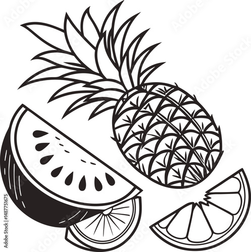 A vector illustration displays an apple and an orange fruit with a floral leaf pattern, showcasing a blend of nature's design and vintage art
