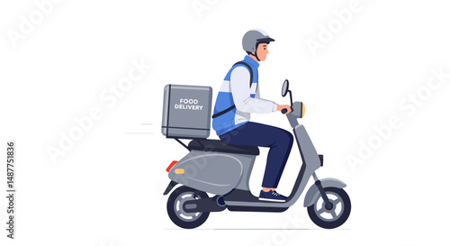 Delivery man riding scooter with food delivery box on side  