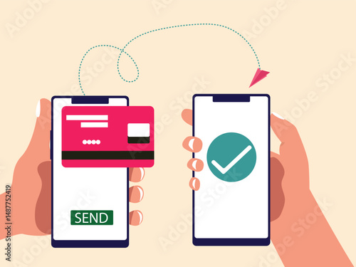 Smartphones in the hand with money and credit card on a screen online money transfer concept Vector illustration.