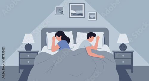 Couple sleeping back to back after a fight in a modern bedroom setting