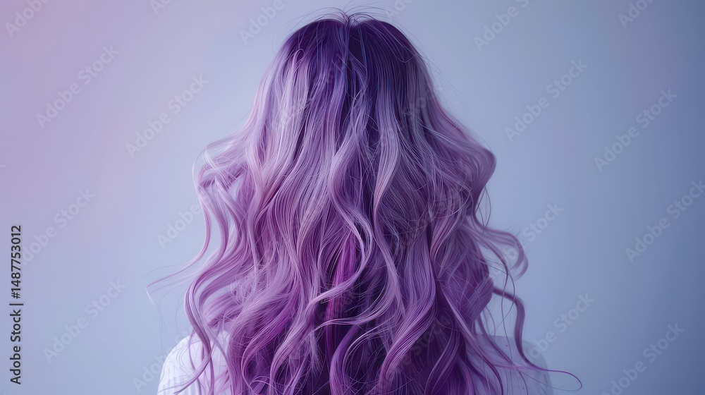 Back view of wavy purple hair with darker roots against a soft blue and lavender background Back view of wavy purple hair with darker roots against a soft blue and lavender background