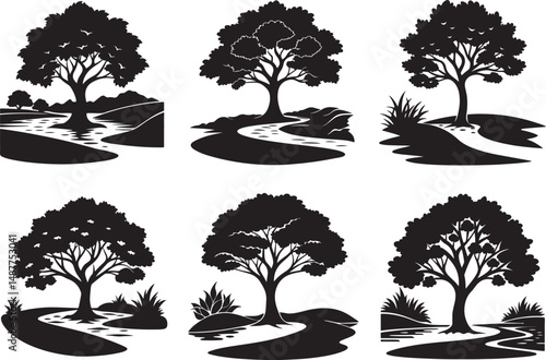 set of toy serene river curves with trees silhouette, black and white silhouette, vector and illustration