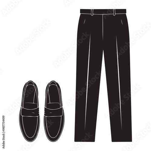 Black graphic image of pants and shoes, Vector black silhouette. with white background