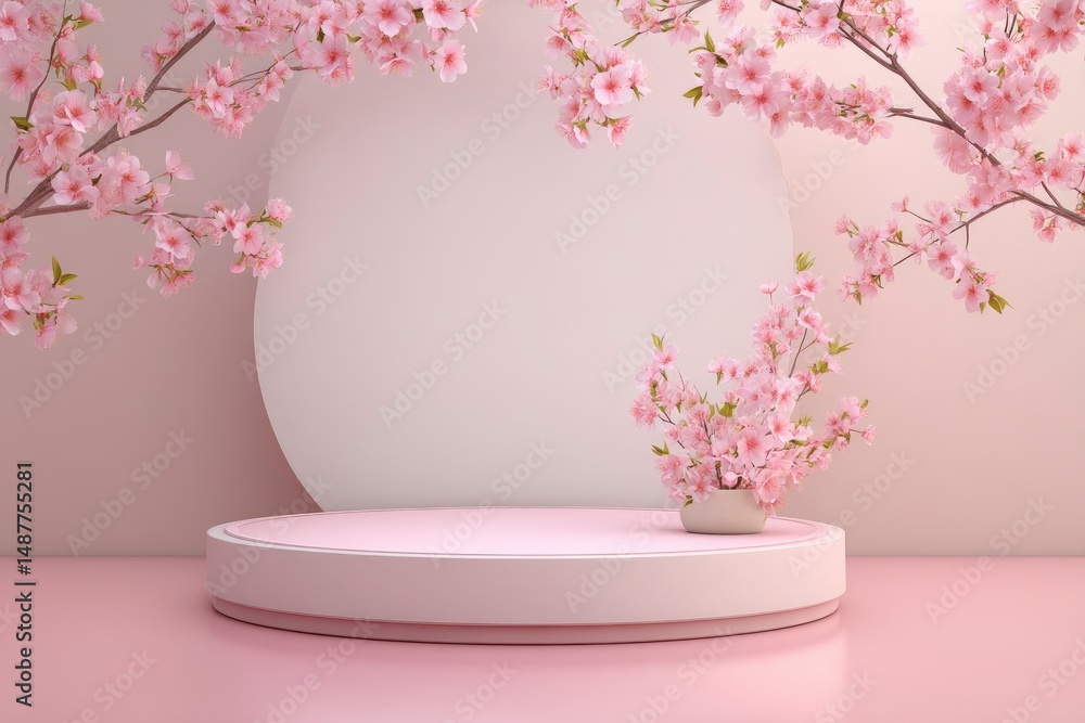 Serene Sakura: Minimalist Pink Platform with Cherry Blossoms Serene Sakura: Minimalist Pink Platform with Cherry Blossoms