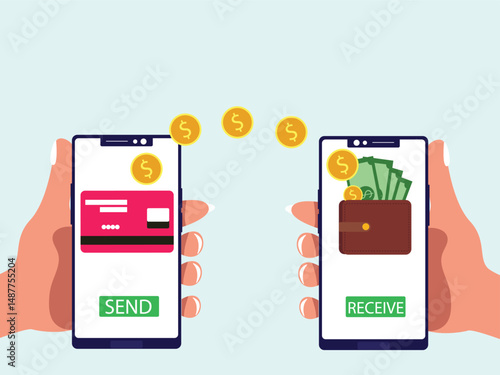 Hand holding smartphone with transaction of cashback, Internet mobile banking transaction, wallet and credit card vector illustration.